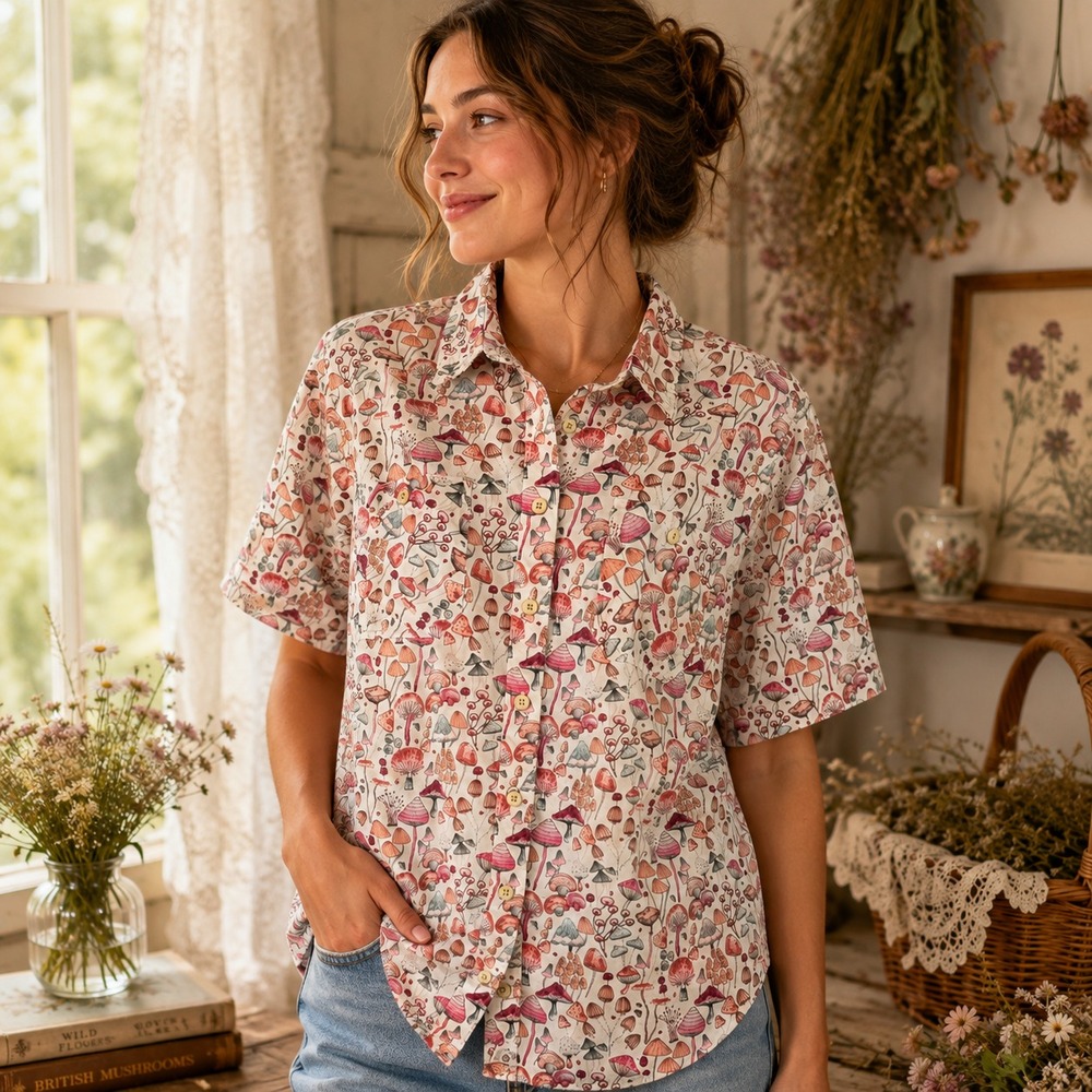 Duluth Trading Co Womens Mushroom Printmaker Shirt Sz L Cottage Whimsical Casual